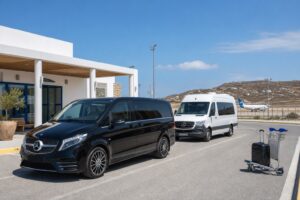 Vehicles outside Milos Airport for private transfer pickup