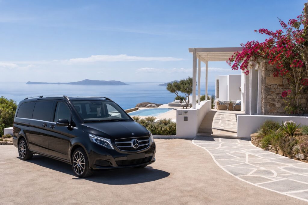 Hemeros private van outside a luxury Milos villa