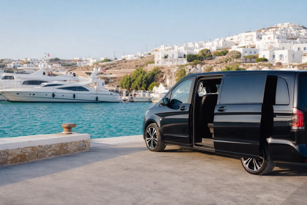 Luxury van transfer for yacht guests in Milos marina