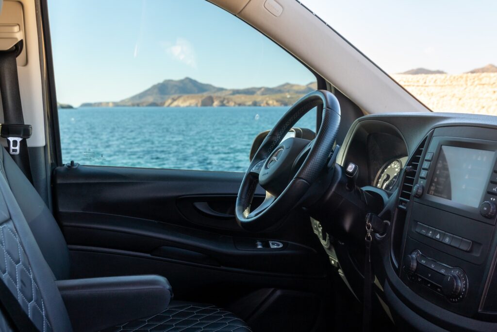 Mercedes van interior and Aegean view for Hemeros guests