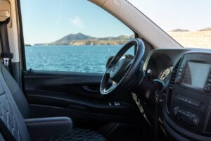 Mercedes van interior and Aegean view for Hemeros guests